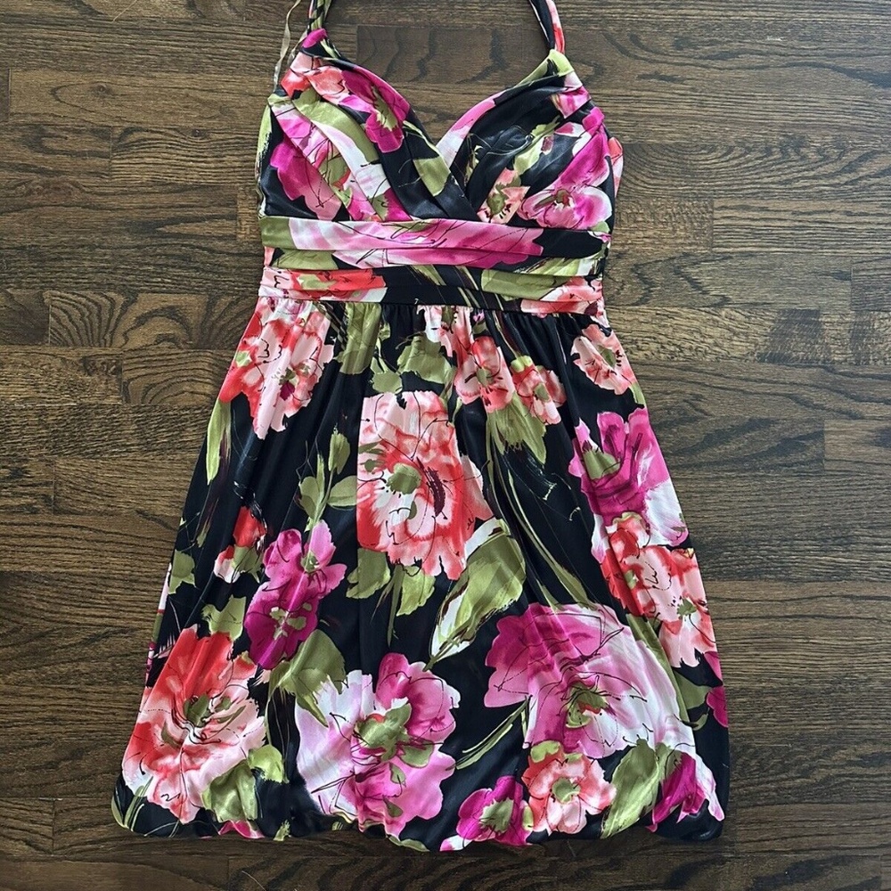 TRIXXI Black Floral Halter Fit and Flare Mini Cocktail Party Dress Womens Medium